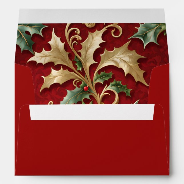 Gold Green Leaves Red Christmas Holiday Envelope (Back (Bottom))
