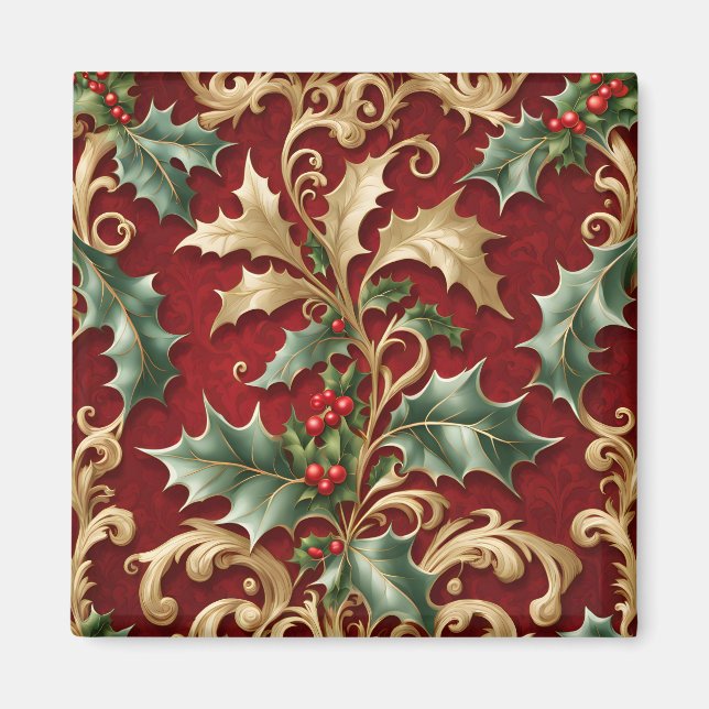 Gold Green Leaves Red Christmas Holiday Magnet (Front)