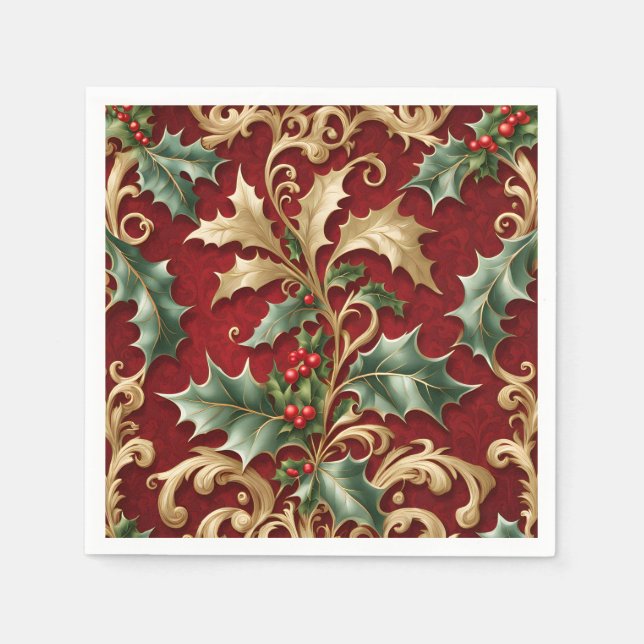 Gold Green Leaves Red Christmas Holiday Napkin (Front)