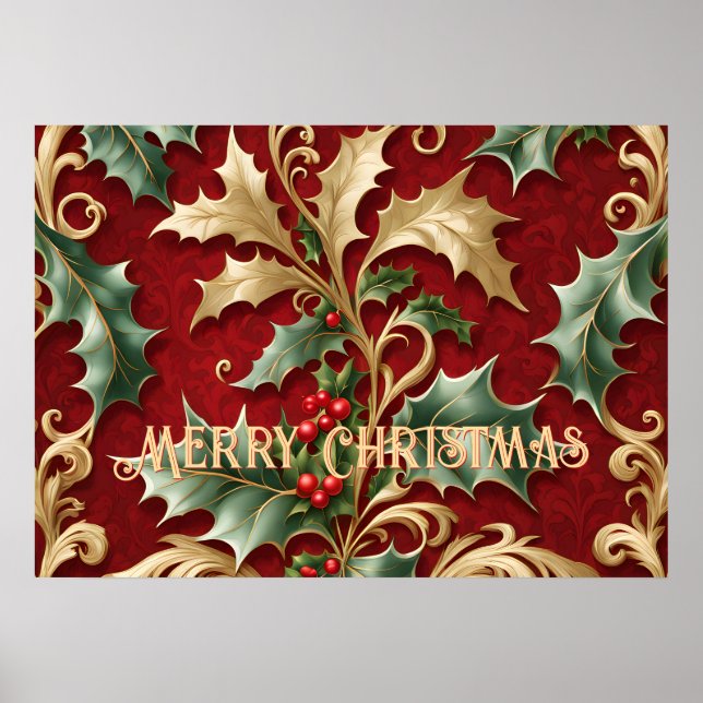 Gold Green Leaves Red Christmas Holiday Poster (Front)
