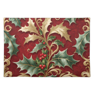 Gold Green Leaves Red Christmas Holiday Table Cloth Placemat