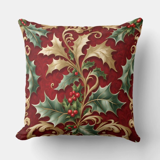Gold Green Leaves Red Christmas Throw Pillow (Front)