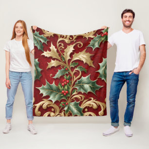Gold Green Leaves Red Holiday Fleece Blanket