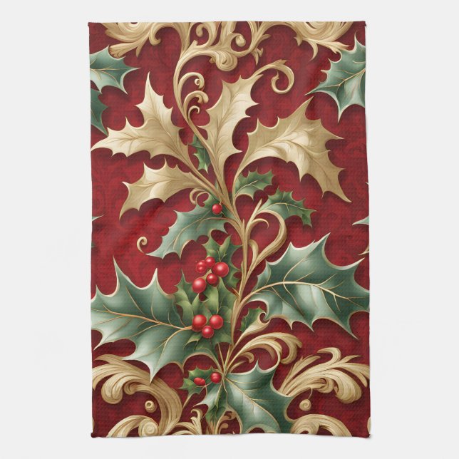 Gold Green Leaves Red Holiday Kitchen Towel (Vertical)