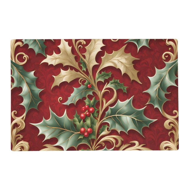 Gold Green Leaves Red Holiday Paper Placemat (Back)