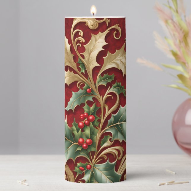 Gold Green Leaves Red Holiday Pillar Candle (In Situ)
