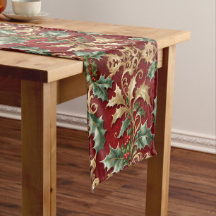 Gold Green Leaves Red Holiday Table Runner