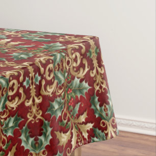 Gold Green Leaves Red Holiday Tablecloth