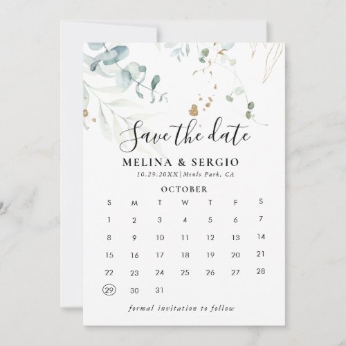 Gold Green Leaves Save the Date Calendar
