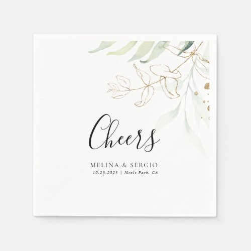 Gold Green Leaves Wedding Cheers Napkins