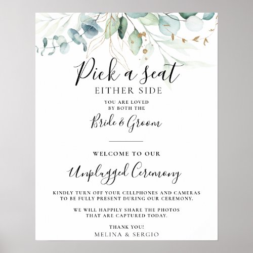 Gold Green Leaves Wedding Unplugged Ceremony  Poster