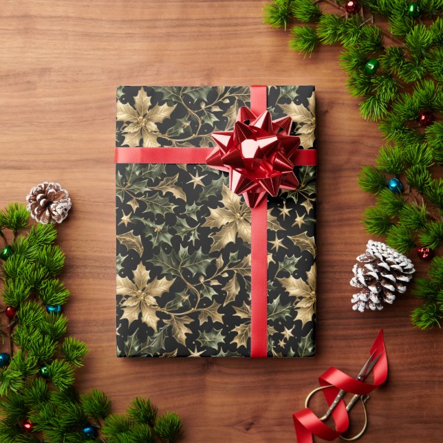 Gold & Green Leaves Wrapping Paper on Dark Back (Holiday Gift)