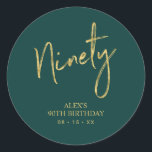 Gold & Green Lettering Ninety 90th Birthday Favor Classic Round Sticker<br><div class="desc">This simple custom thank you sticker will add stylish detail to your special day. This design features modern gold script lettering "Ninety" with custom text on a teal green background. Matching 90th birthday invitations and party supplies are available in my shop BaraBomDesign.</div>