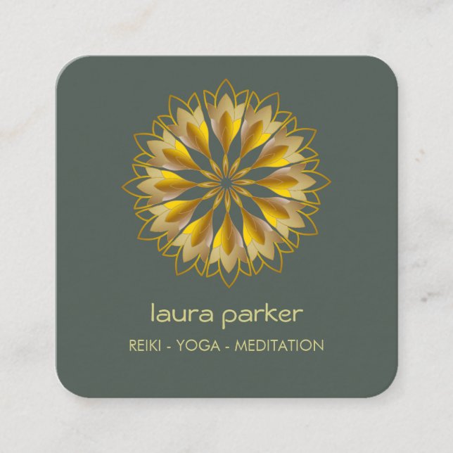 Gold Green Lotus Flower Yoga Holistic Meditation  Square Business Card (Front)