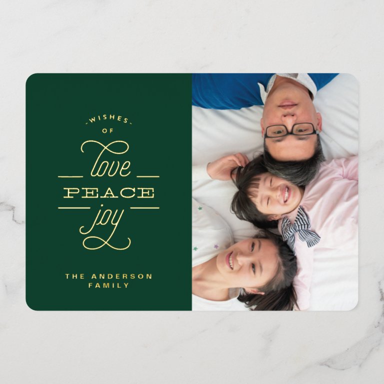 Gold Green LOVE PEACE JOY Greeting Photo Foil                    Holiday Card