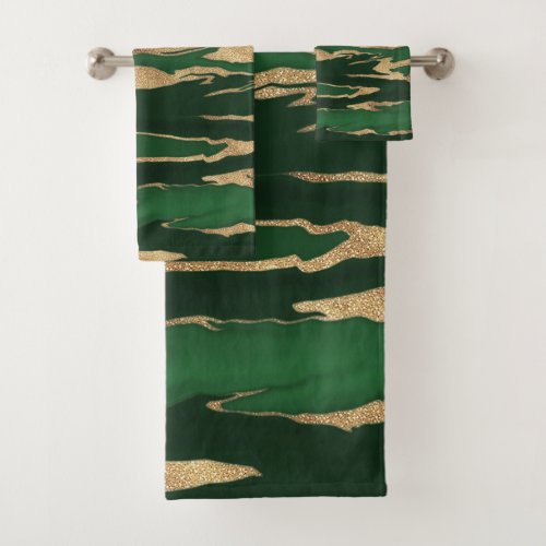 Gold Green Marble Abstract Painting Bath Towel Set