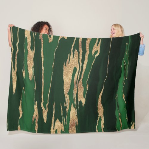 Gold Green Marble Abstract Painting Fleece Blanket
