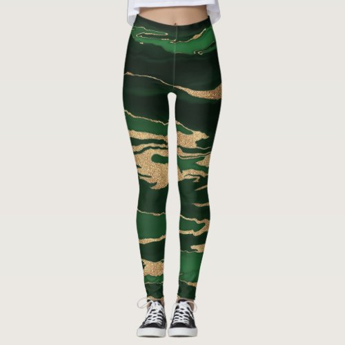 Gold Green Marble Abstract Painting Leggings