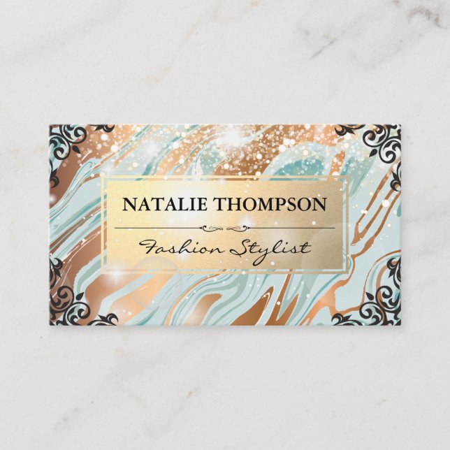 Gold Green Marble | Fancy Elements | Bokeh Glow Business Card (Front)
