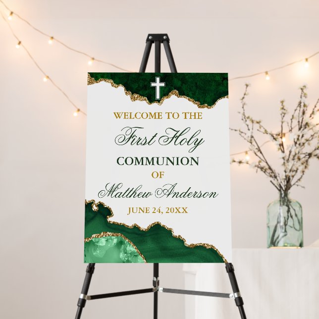 Gold Green Marble First Holy Communion Welcome Foam Board (In Situ (Stand))