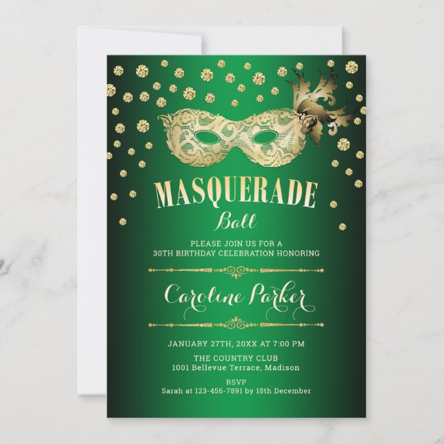 Gold Green Masquerade Ball Birthday Party Invitation (Front)