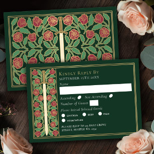 Gold Green Medieval Floral Sword Wedding RSVP Card