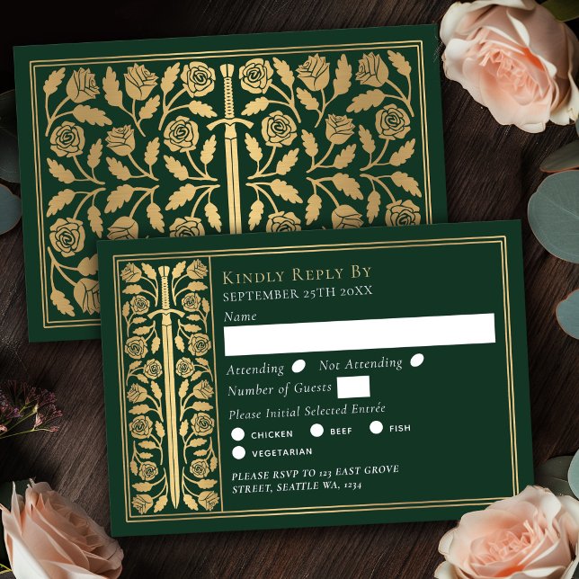 Gold Green Medieval Sword Wedding RSVP Card (Creator Uploaded)