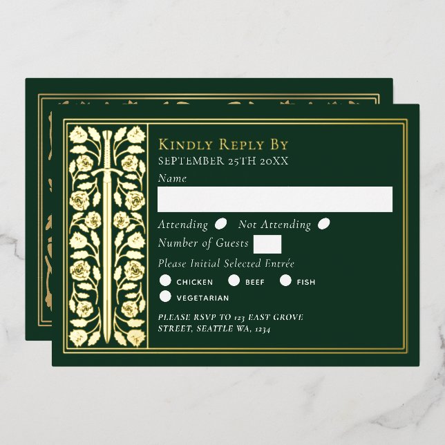 Gold Green Medieval Sword Wedding RSVP Foil Invitation (Front/Back)