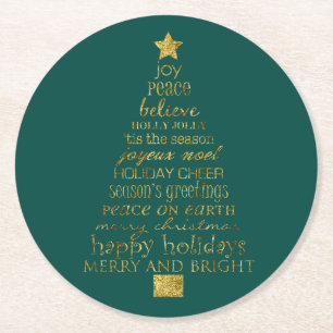 Gold Green Merry and Bright Christmas Tree Words Round Paper Coaster