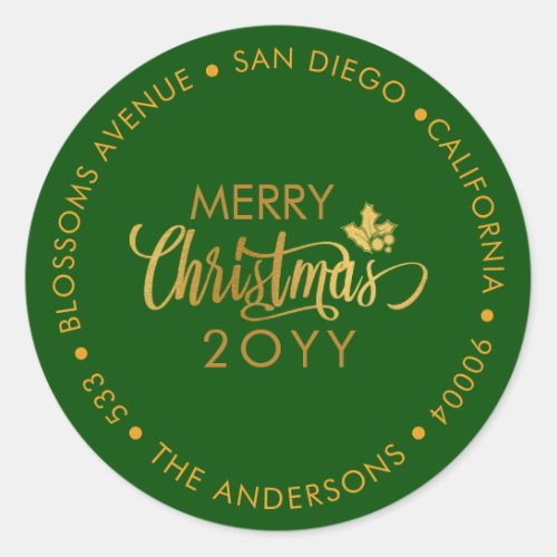 Gold  Green Merry Christmas Custom Return Address Classic Round Sticker