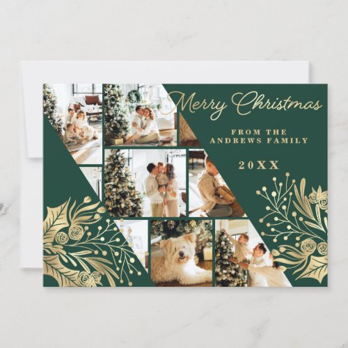 Gold Green Merry Christmas Floral Photo Collage Holiday Card