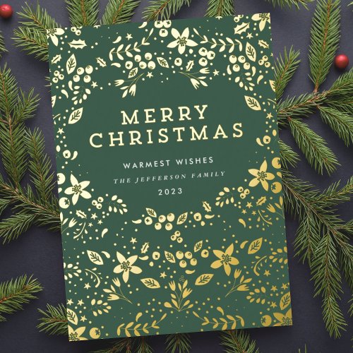 Gold  Green Merry Christmas Florals Foil Holiday Card