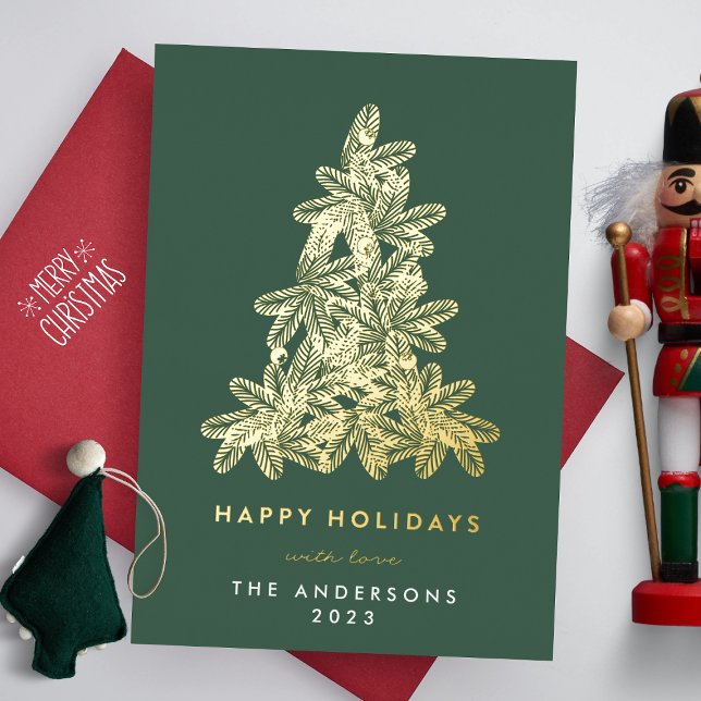 Gold & Green Merry Christmas Pine Tree Happy Foil Holiday Card (Creator Uploaded)