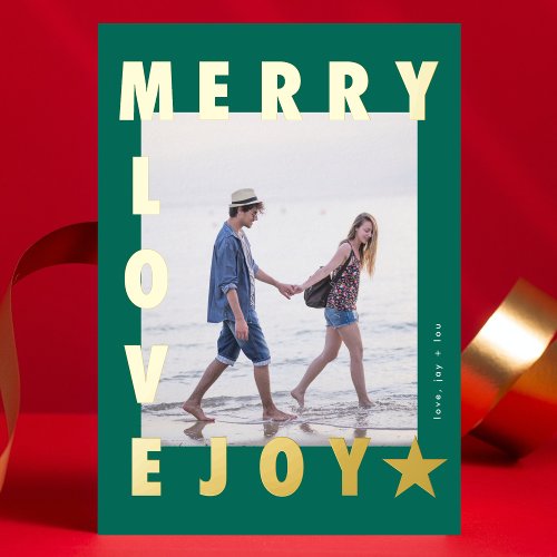 GOLD Green MERRY LOVE JOY photo FRAME  Gold Foil Holiday Card