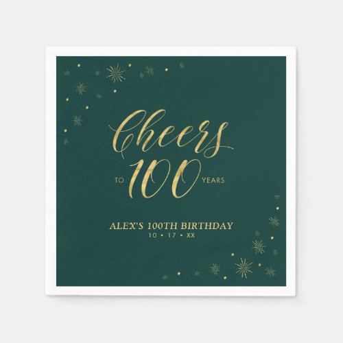 Gold  Green Modern Cheers 100th Birthday Party Napkins