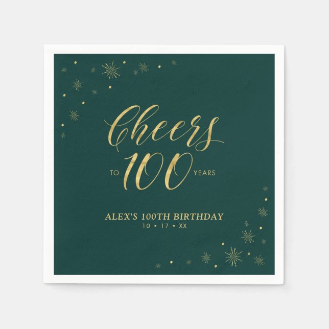 Gold & Green Modern Cheers 100th Birthday Party Napkins (Front)