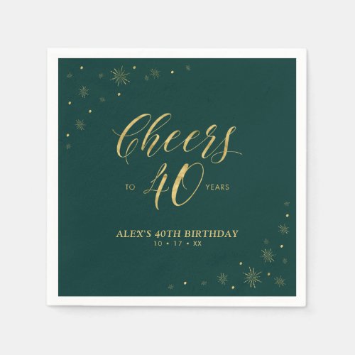Gold  Green Modern Cheers 40th Birthday Party Napkins