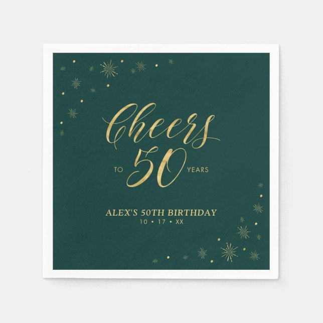 Gold & Green Modern Cheers 50th Birthday Party Napkins (Front)