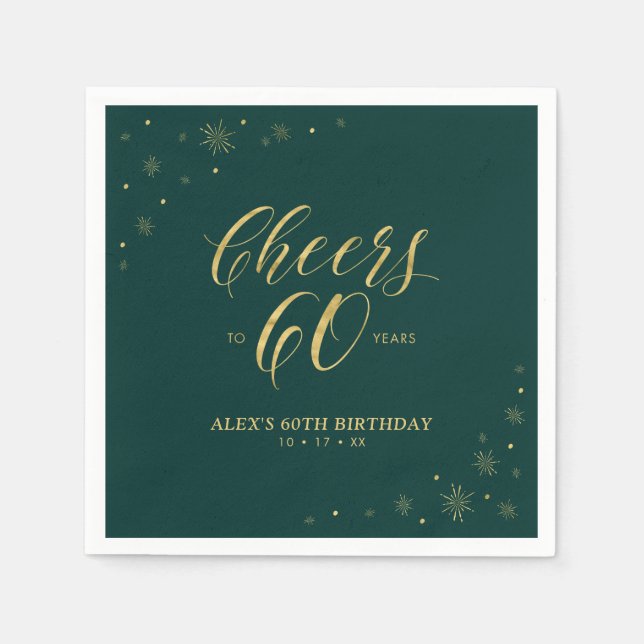 Gold & Green Modern Cheers 60th Birthday Party Napkins (Front)