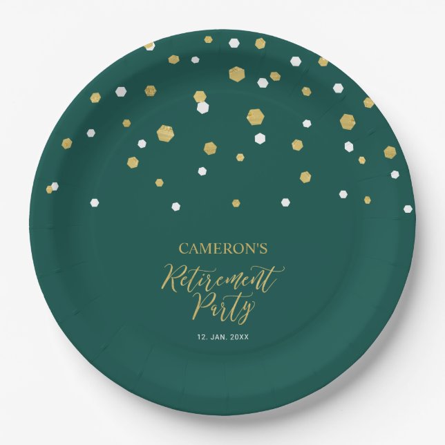 Gold & Green Modern Chic Confetti Retirement Party Paper Plates (Front)
