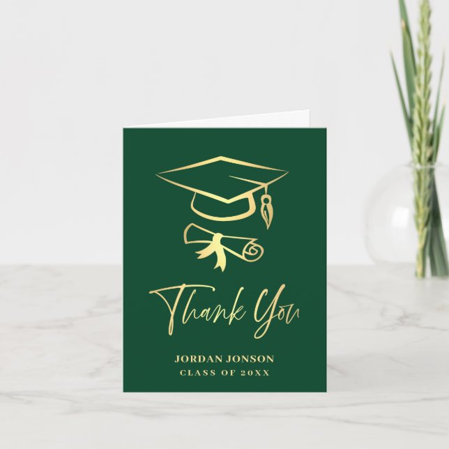 Gold Green Modern Graduation Letterpress Thank You Card (Front)