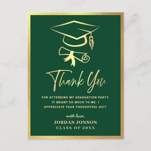 Gold Green Modern Graduation Party Thank You Postcard