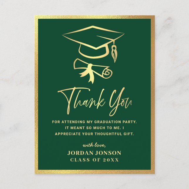 Gold Green Modern Graduation Party Thank You Postcard (Front)