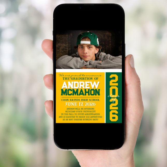 Gold & Green Modern Graduation Photo Announcement (Front Digital)