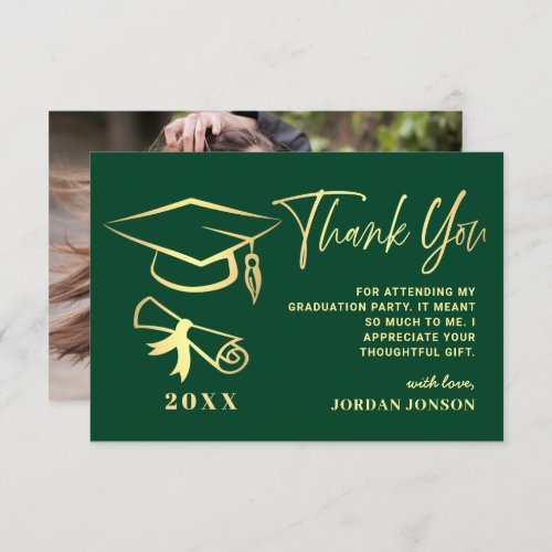 Gold Green Modern Graduation PHOTO Thank You Card