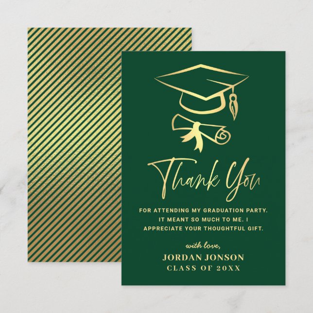 Gold Green Modern Graduation Thank You Card (Front/Back)