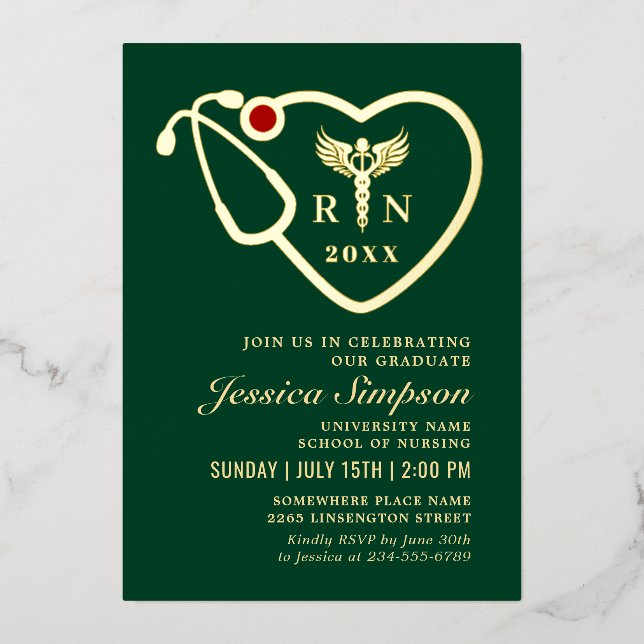 Gold Green Modern Nursing School Graduation Party  Foil Invitation (Front)