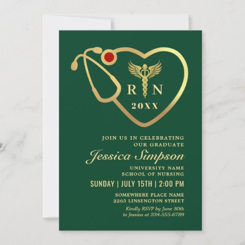 Gold Green Modern Nursing School Graduation Party Invitation