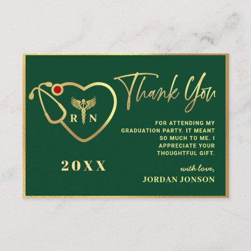 Gold Green Modern Nursing School Graduation Thank You Card