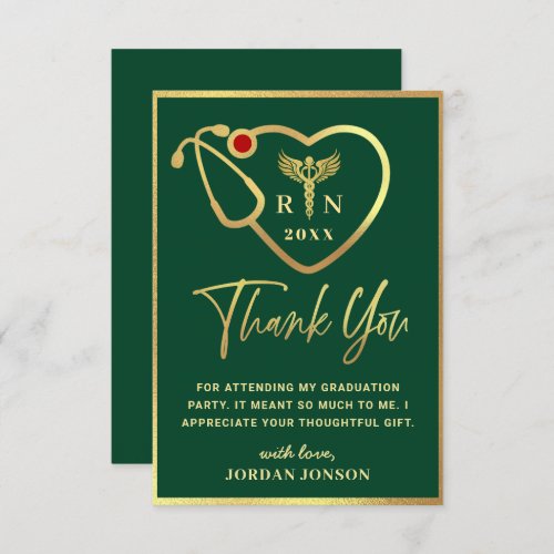 Gold Green Modern Nursing School Graduation Thank You Card